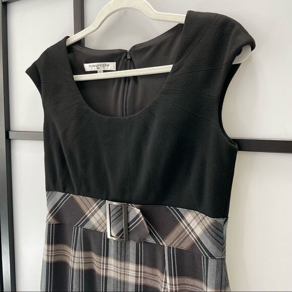[6] Evan Picone Neutral Tone Plaid Sleeveless Belted Midi Dress Black Tan & Grey - Picture 7 of 16